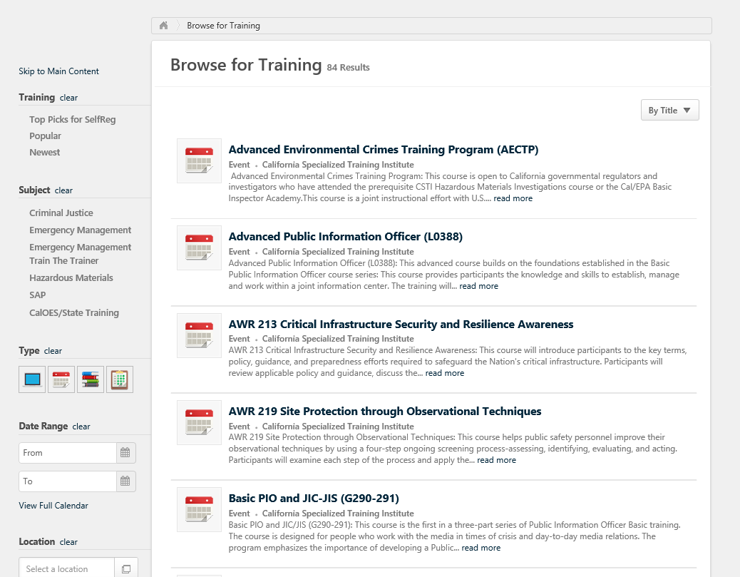 CSTI Browse Training Page showing filter buttons on the left pane and Events in the main window.