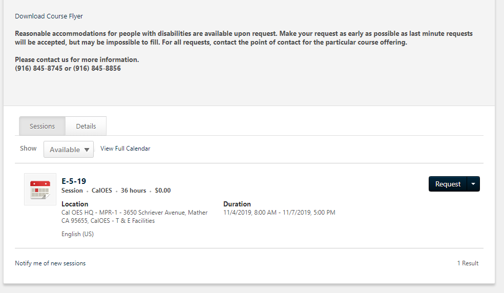 CSTI Screen shot of browse for training page Events with Session and locations listed below.