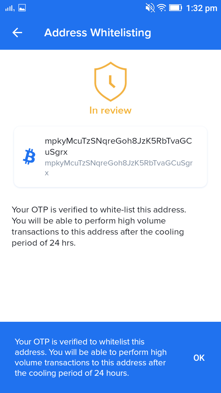 Whitelist an address ZebPay