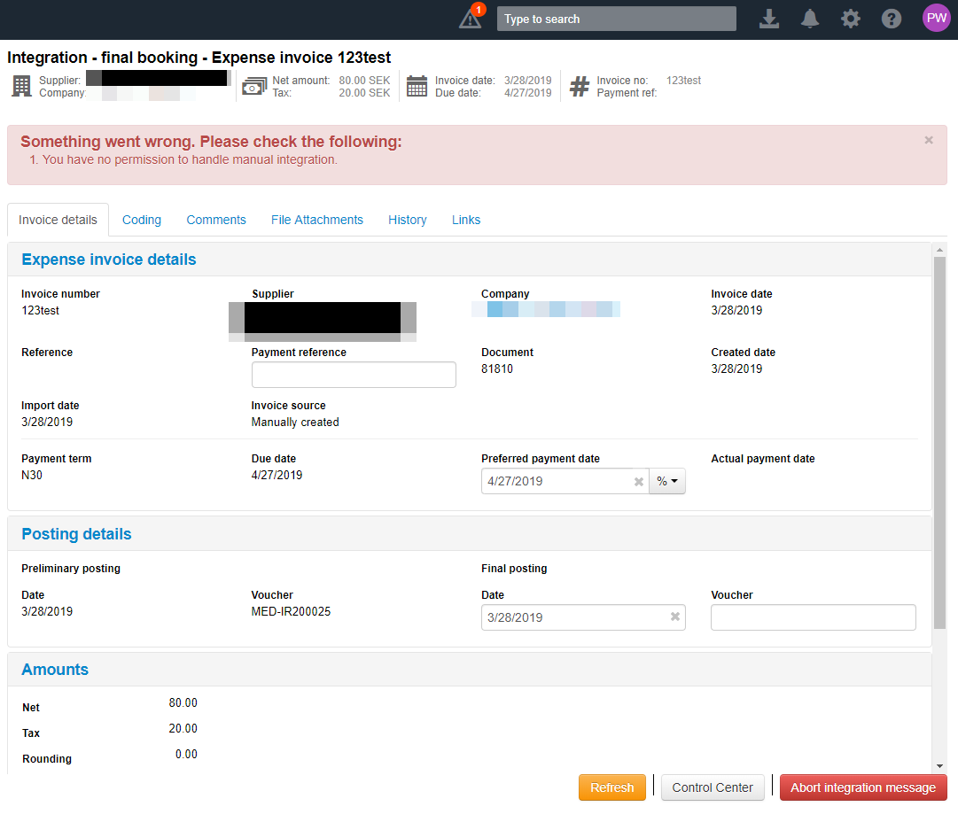 Not permitted to handle manual integration