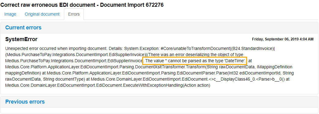 Cannot parse date data error message