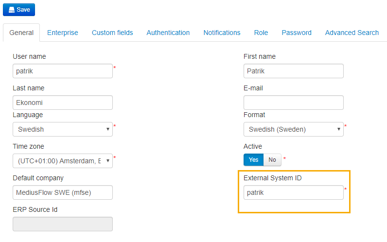 User ExternalSystemId