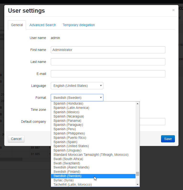 Format drop-down list