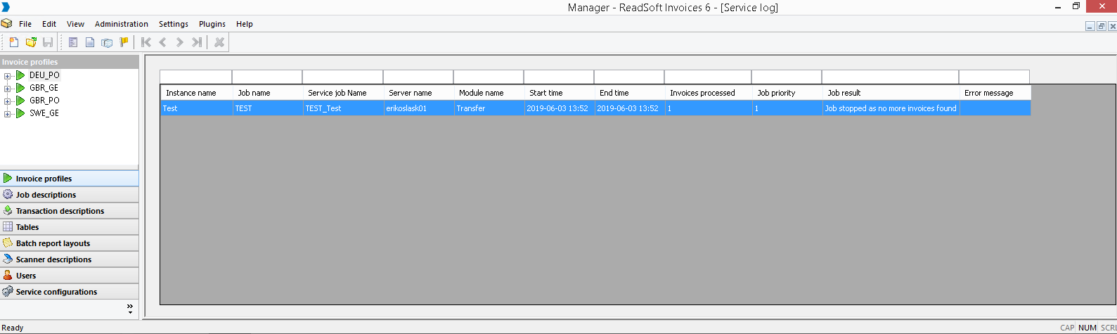 Service log in the Manager module