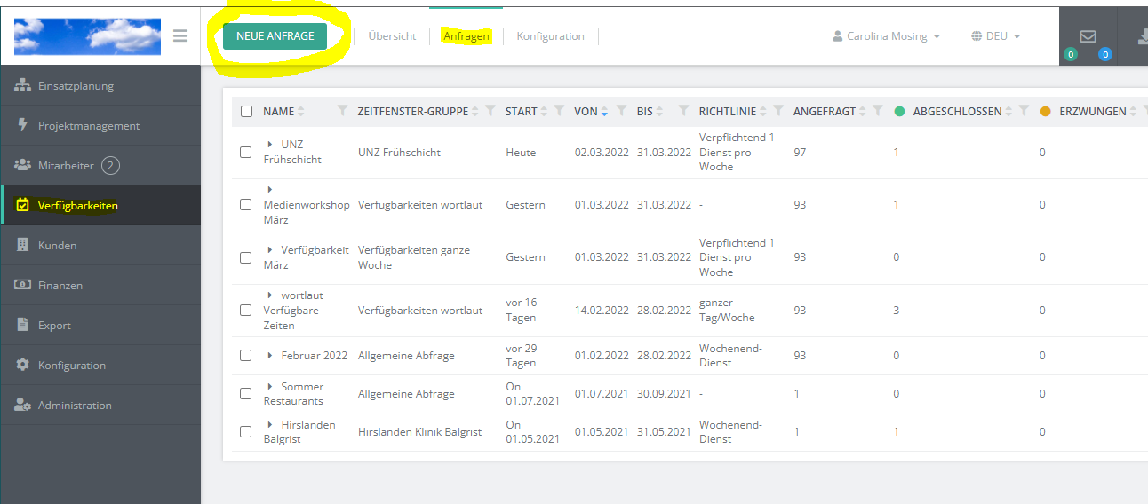Modul Verfügbarkeiten - neue Abfrage : Staffcloud