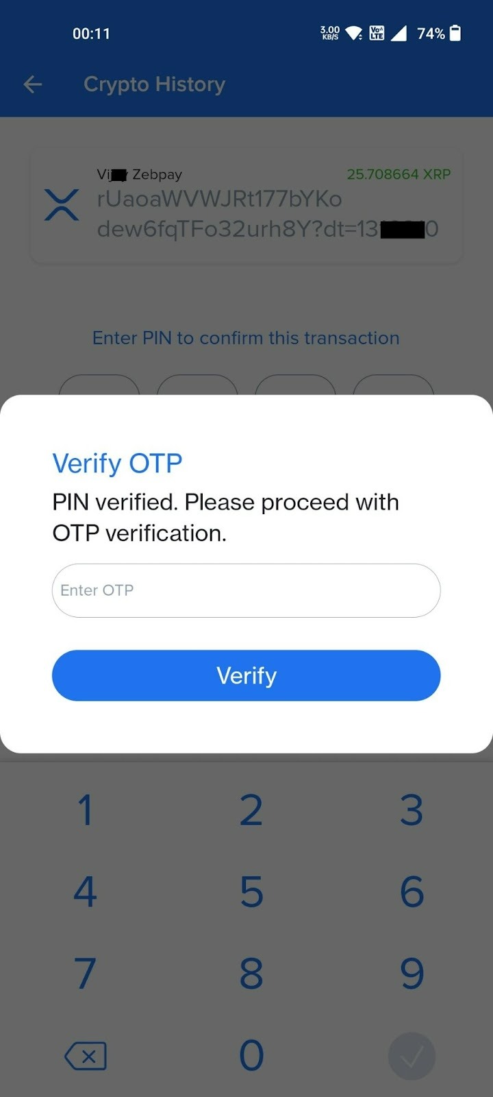 Send cryptocurrency to another address ZebPay