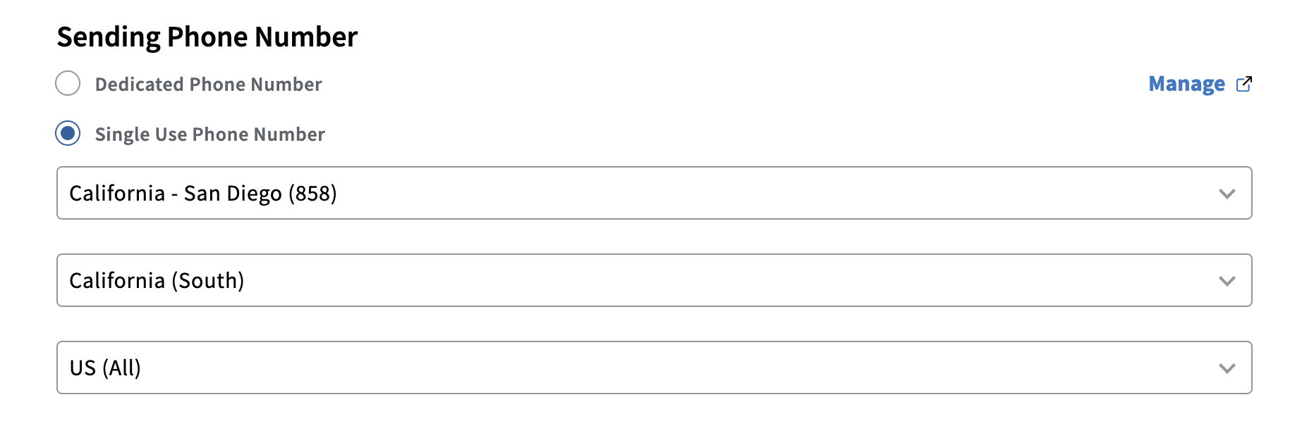 Screenshot of the Sending Phone Number section with "Single Use Phone Number" select. 3 area code drop downs are visible and the follow selections have been made: "California - San Diego (858)" "California (South)", and "US All."