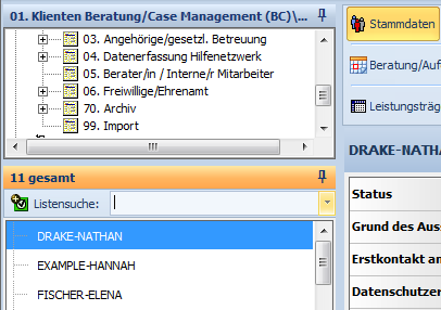 Trefferliste in synCase