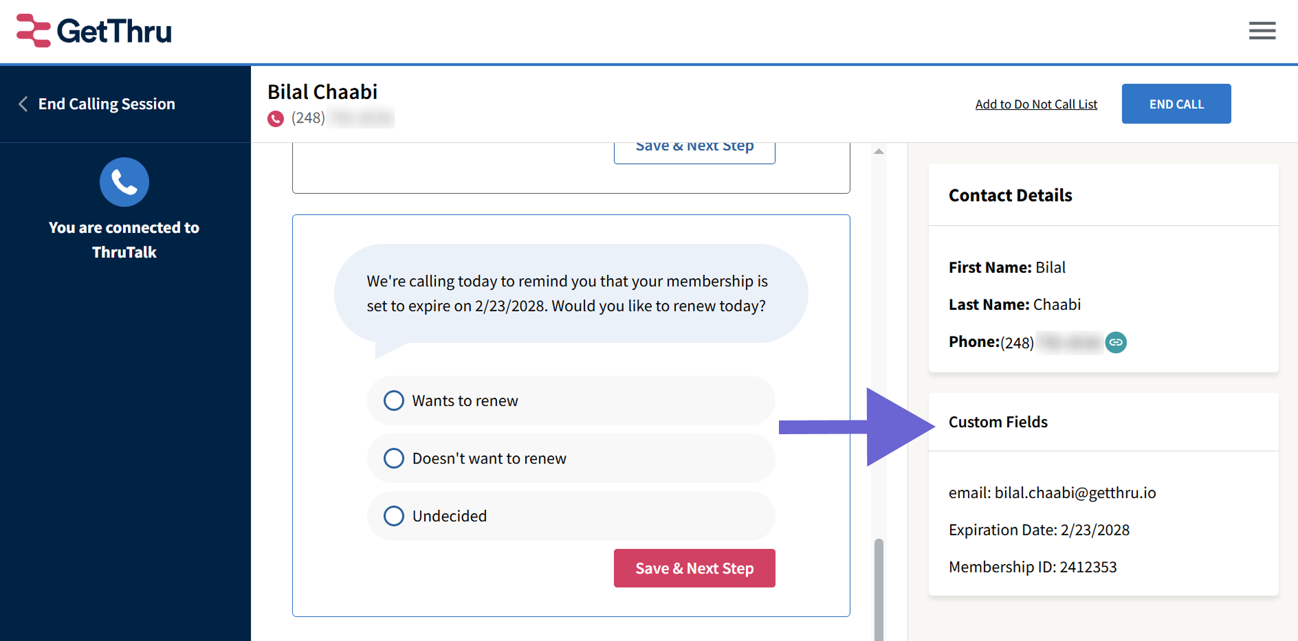 Screenshot of a ThruTalk calling interface with a purple arrow pointing to the "Custom Fields" box.