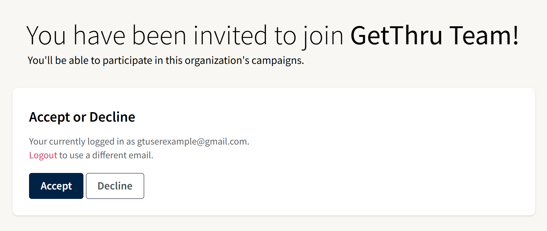 Logged in user example of the permanent invite page