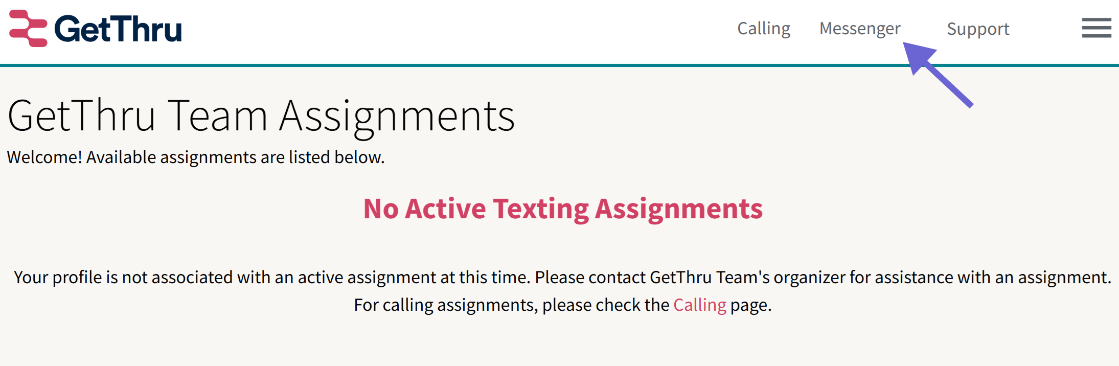 Screenshot of the Texting Assignments page with no active assignments