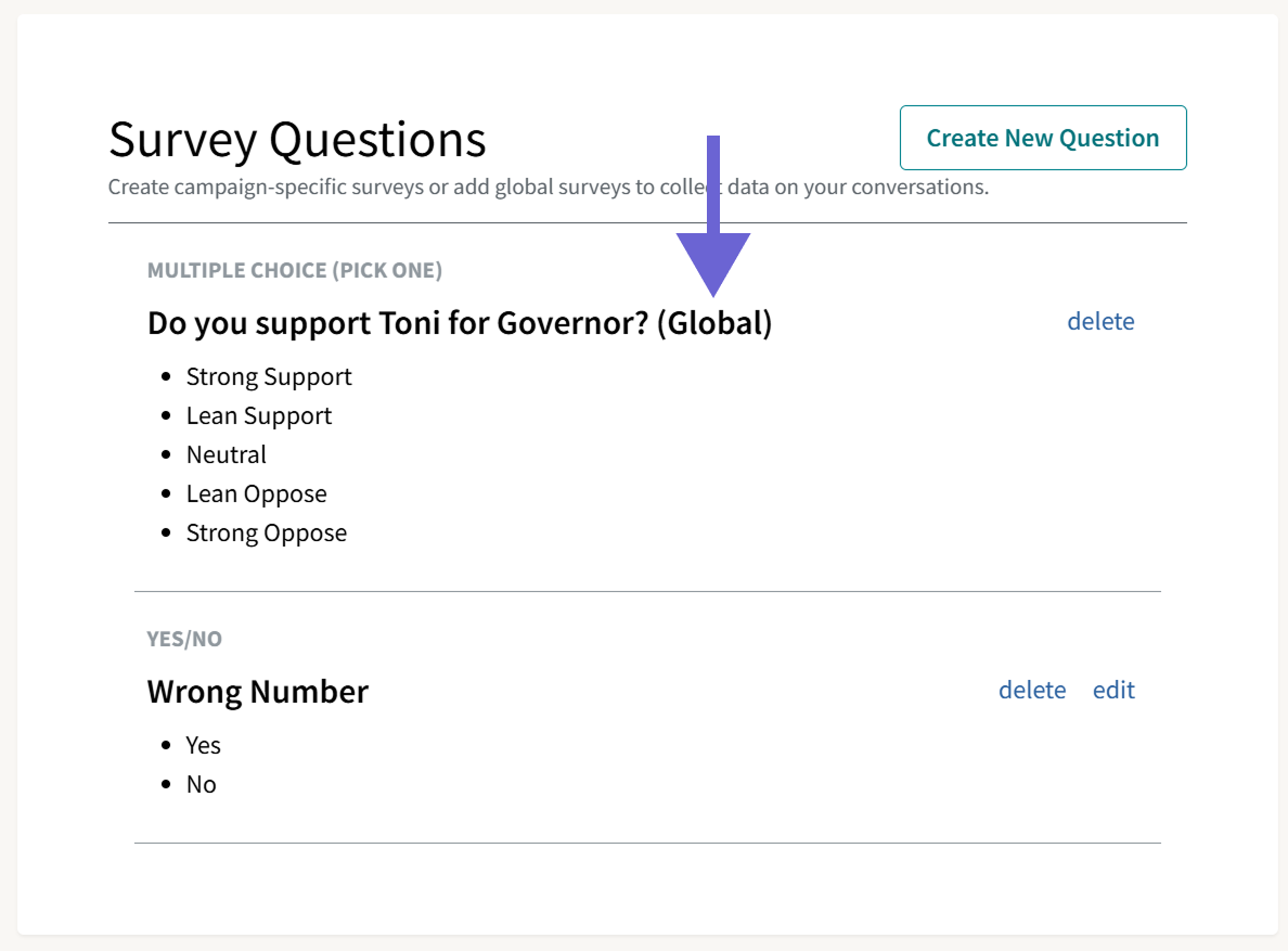 This image shows global survey questions after they've been added to a campaign and highlights (Global) in the title.