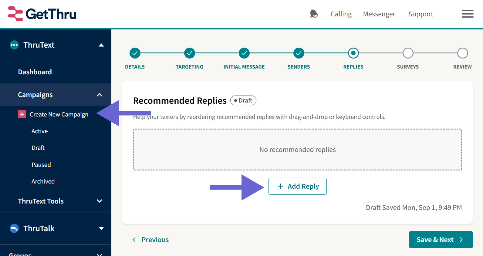 Screenshot of the Recommended Replies header at the top of the page with a magenta "Create New Reply" button to its right, highlighted by a green rectangle around the button.