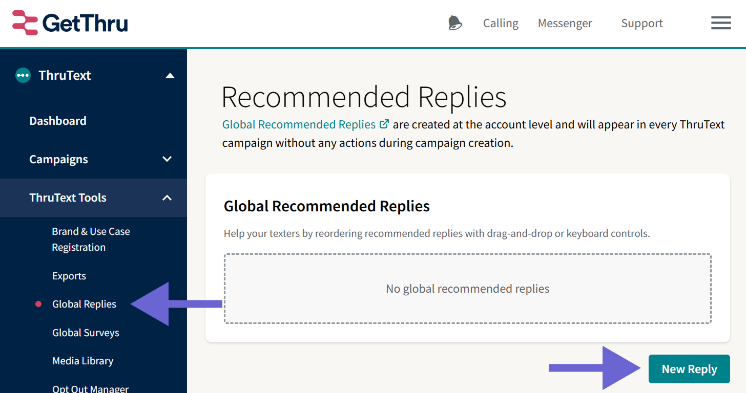 Screenshot of a column of white text on a dark blue background. There is a dark green solidly lined rectangle calling attention to "Recommended Replies""