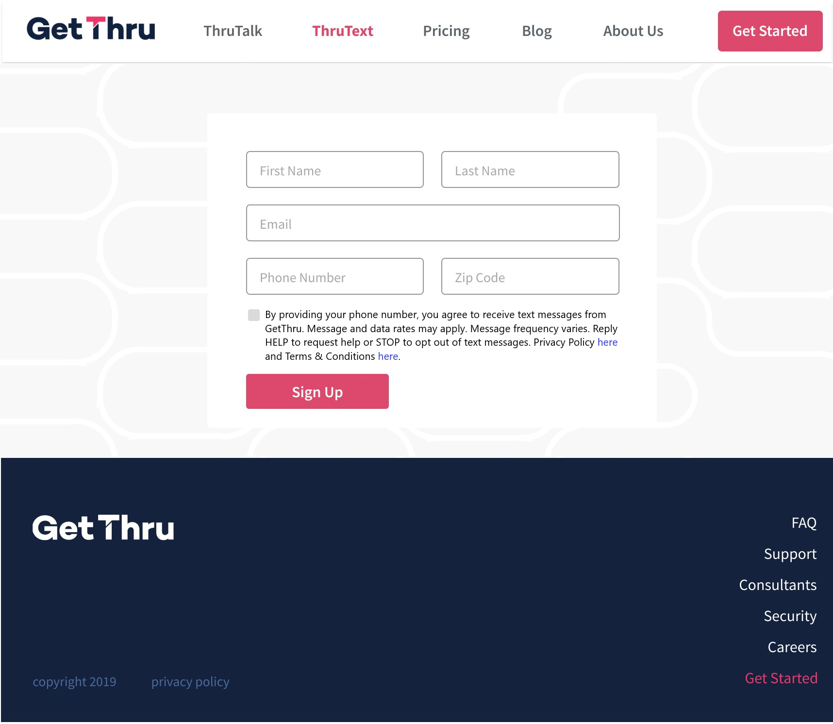 Example website sign-up form showing name, email, phone number, and ZIP code fields with a Sign Up button, opt-in disclosure text beneath the phone number field, and footer links including a Privacy Policy.