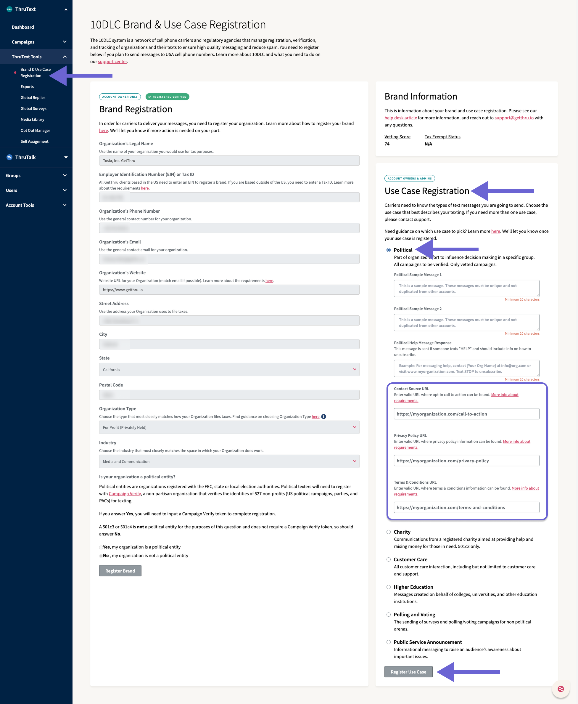 Screenshot of the 10DLC Brand & Use Case Registration page with arrows and a highlighted box showing where to enter the Contact Source, Privacy Policy, and Terms & Conditions URLs before registering the 10DLC code.