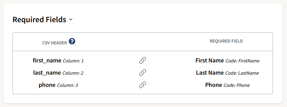 Required Fields section that includes the CSV header and Custom Field details