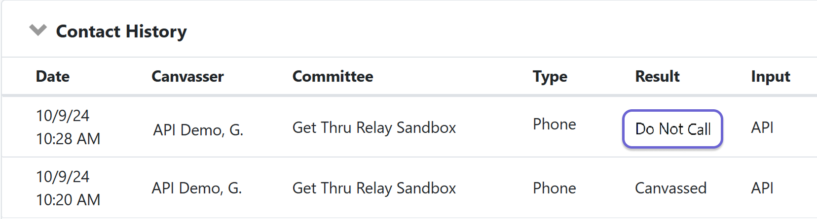 Screenshot of black text in a table on a white background from VAN. One entry shows a result code "Do Not Call."