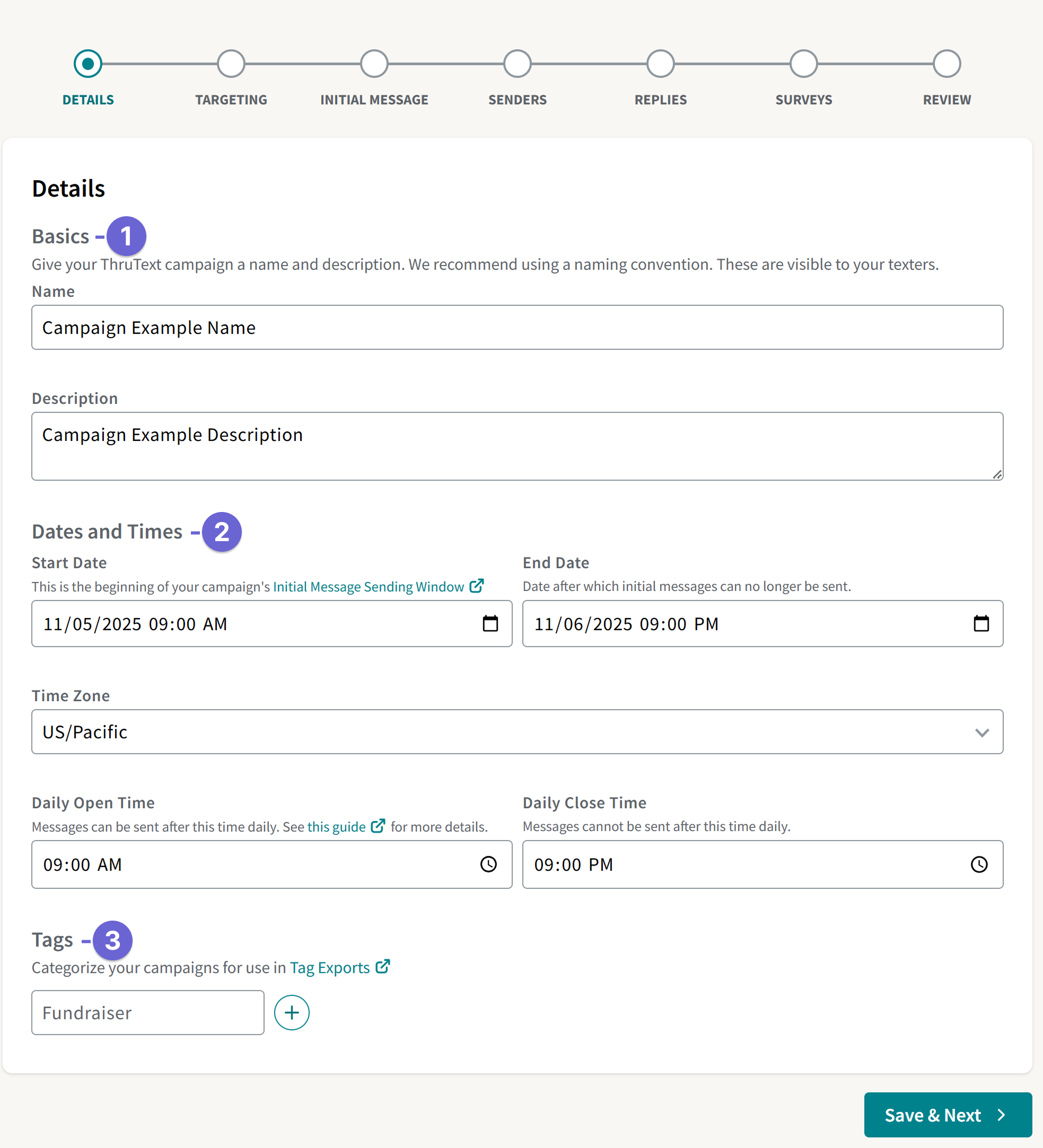 Screenshot of the first step of campaign creation, with multiple text entry and calendar entry fields.