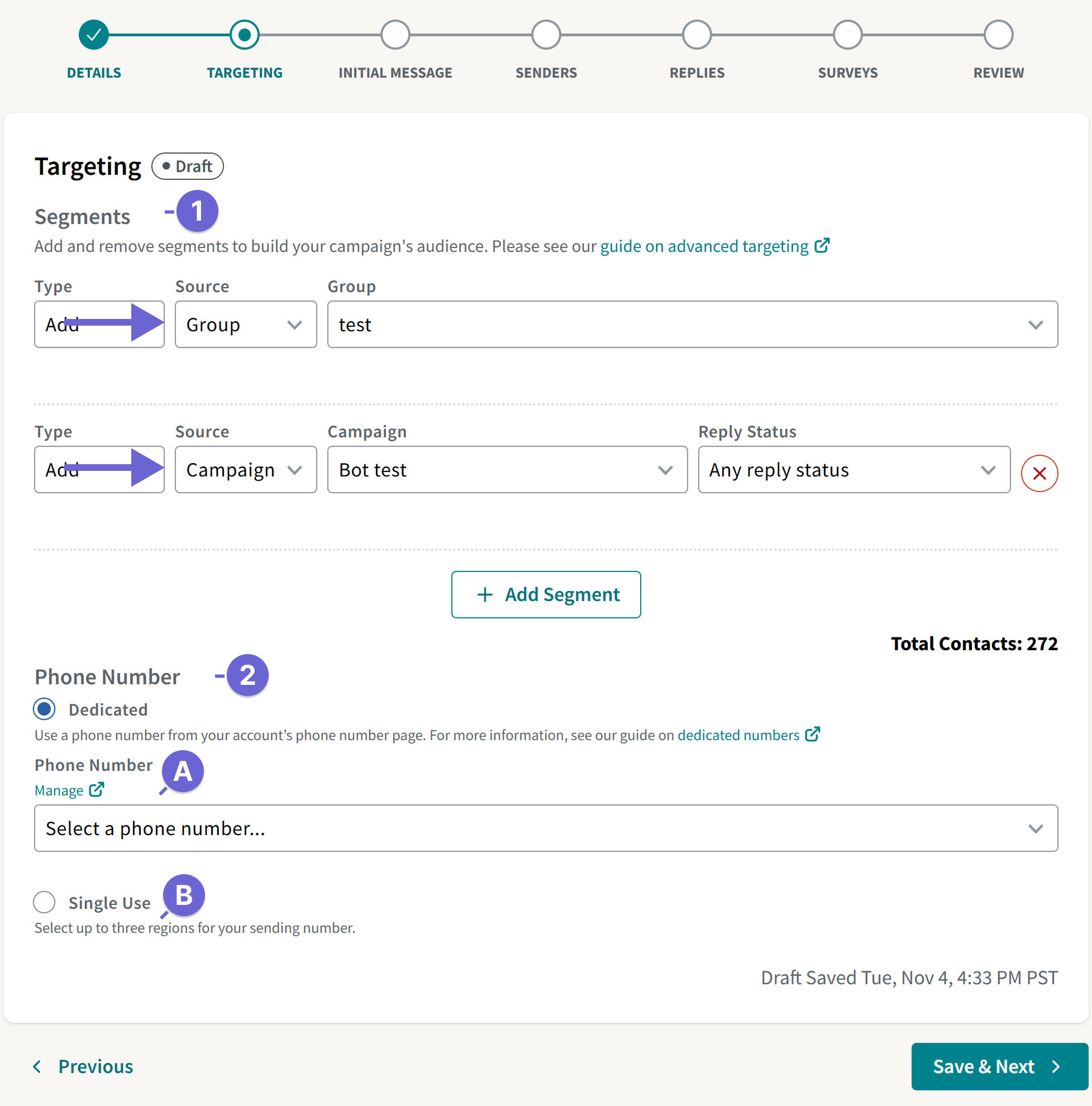 Screenshot of the Targeting step of campaign creation, which is indicated by the teal bubble in the navigation menu at the top of the page.