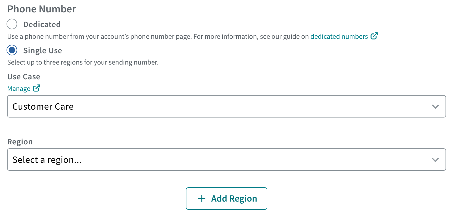 Screenshot of the Single Use number drop-down menus of dark grey text on a white background.