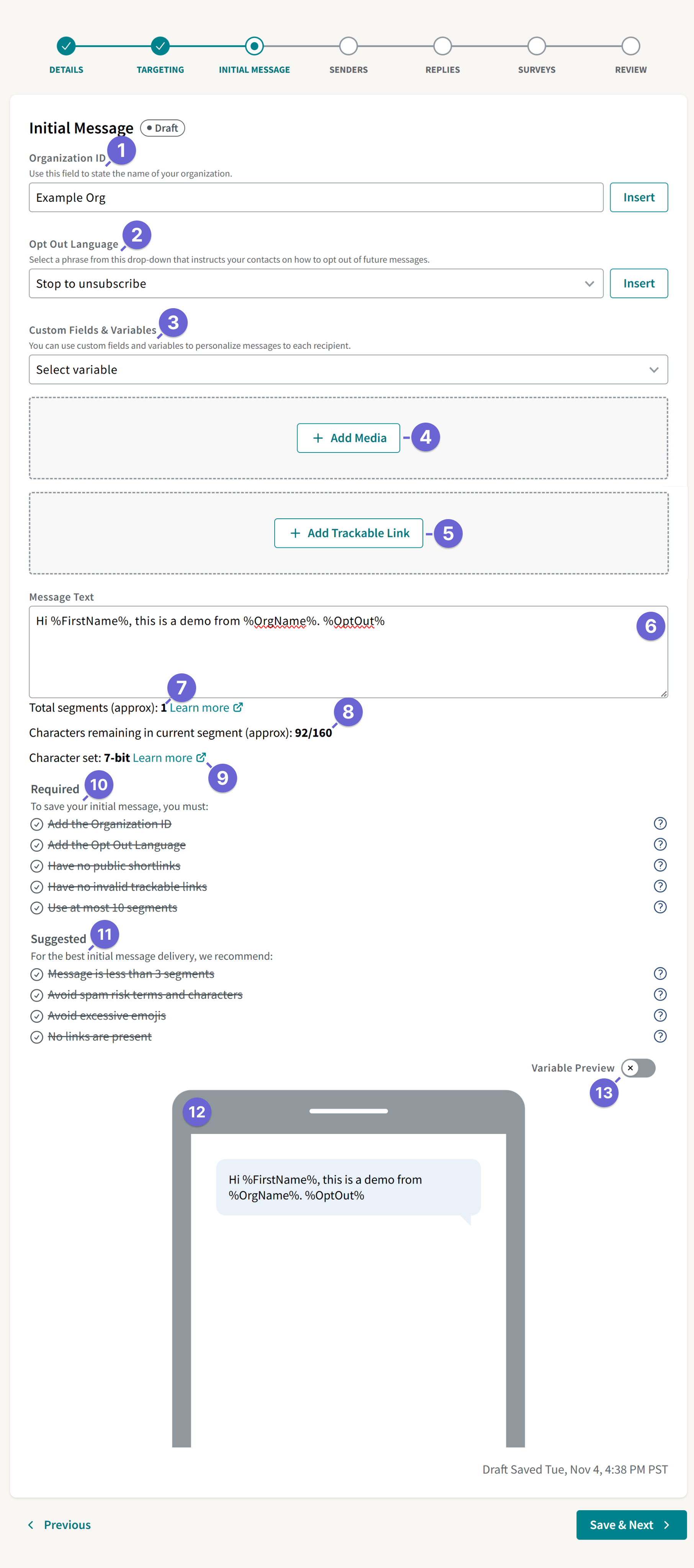 Screenshot of the initial message step of campaign creation.