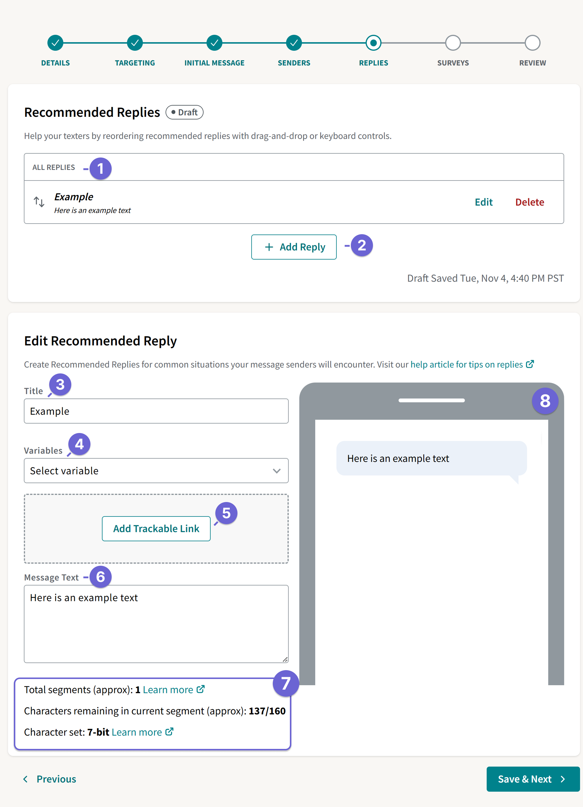 Screenshot of the Recommended Replies page. The teal bubble is now above the word "Replies" in the navigation at the top of the page.
