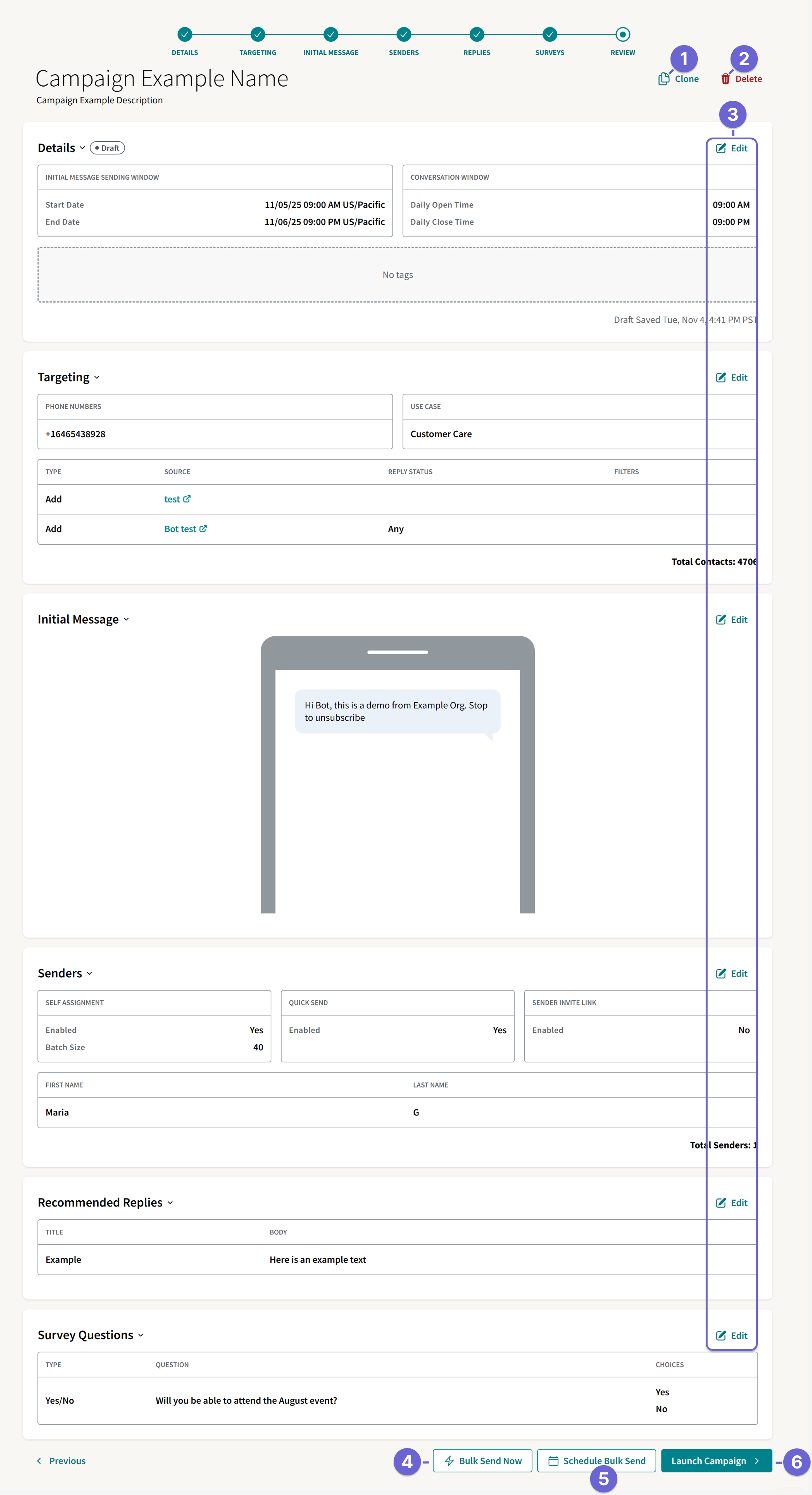 Long screenshot of the Review page showing information from each of the previous steps. The steps are represented on a single white card each, floating on a beige background.