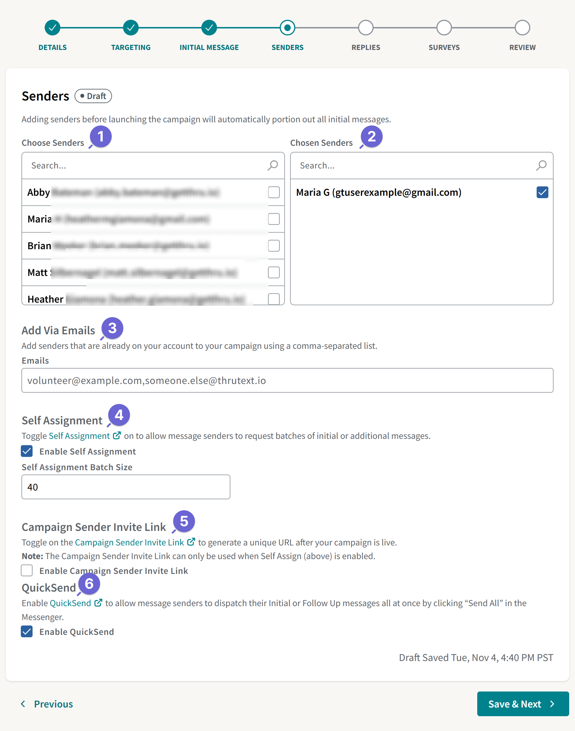Screenshot of the sender step of campaign creation.