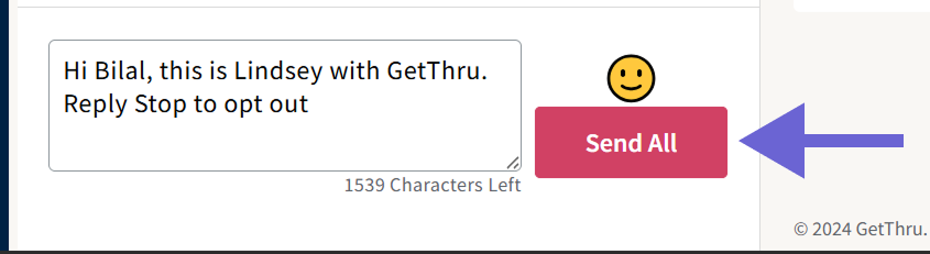 Example initial message in messenger with a bright pink "Send All" button to its left.