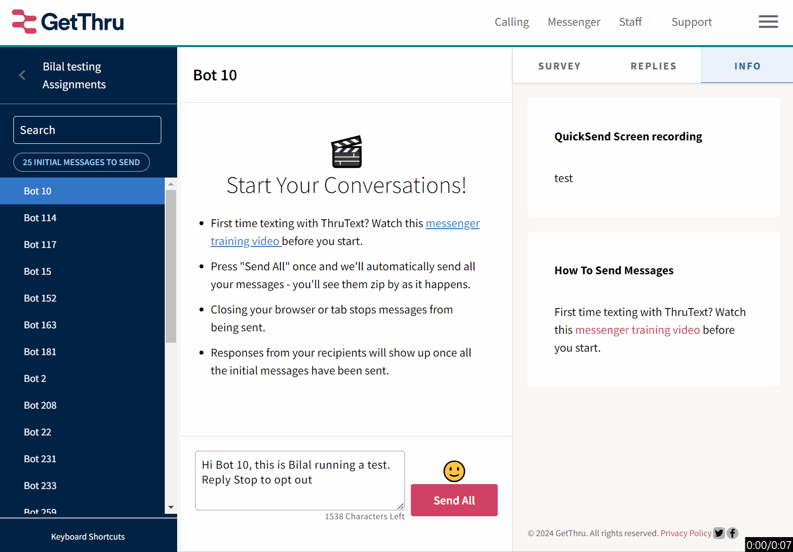 A full screen gif showing the speed of QuickSend. As the messages go out the system blinks through the names in the left sidebar. When it has finished, the rows turn dark grey and then become the same navy blue color as the background.