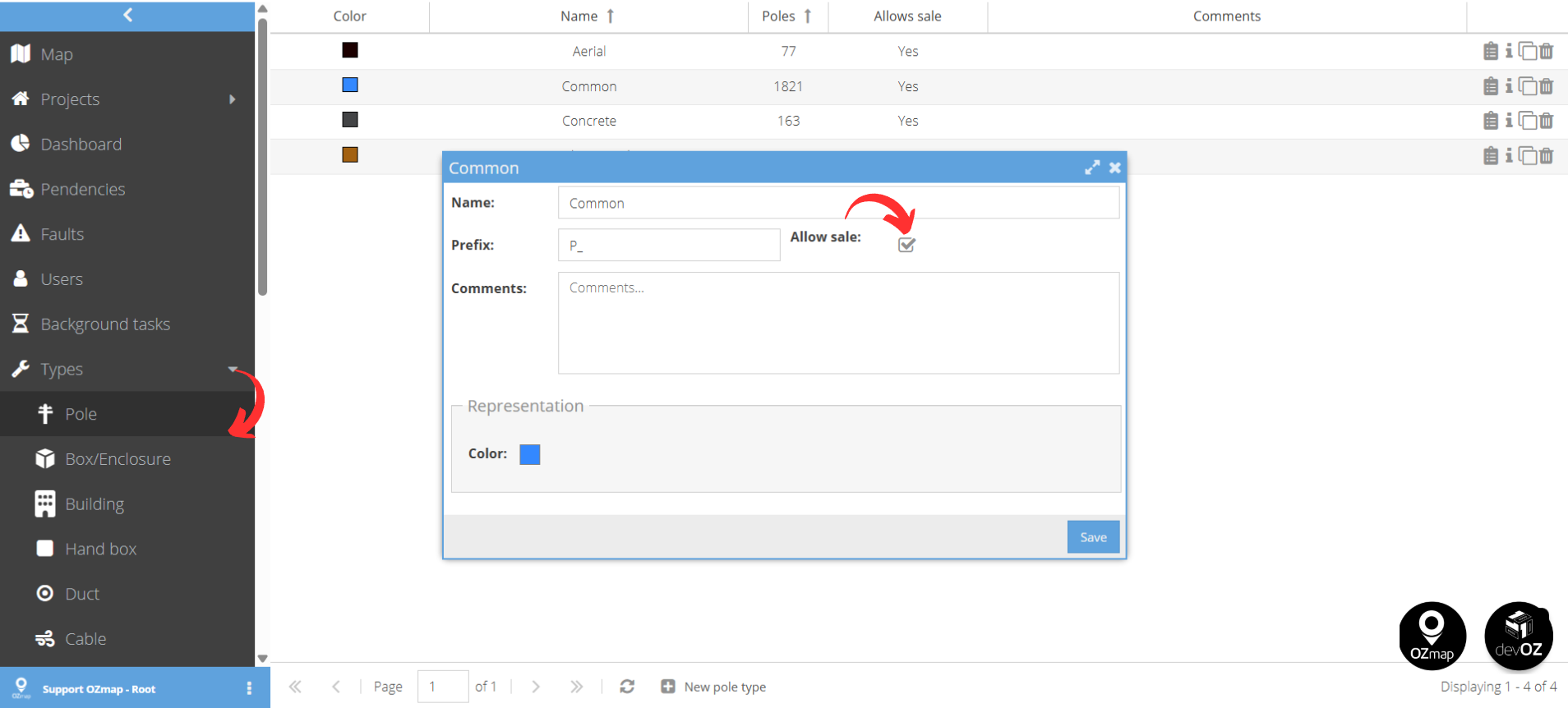 Setting up pole type in OZmap