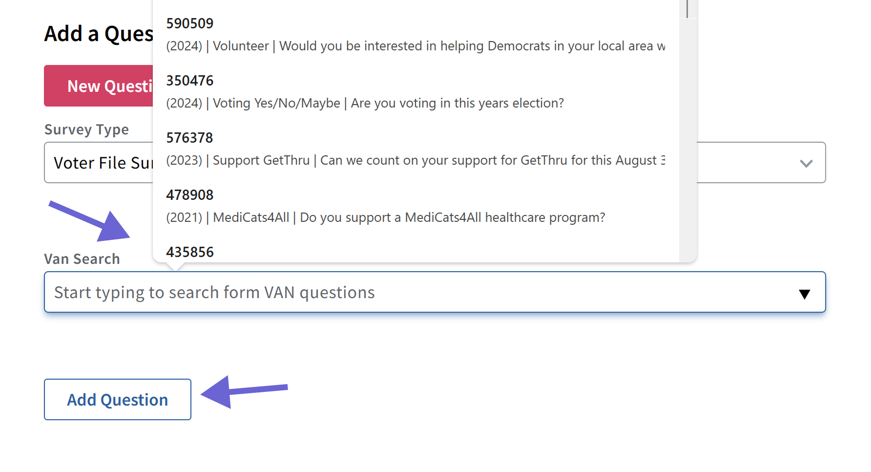 Screenshot of the VAN search field for survey question selection
