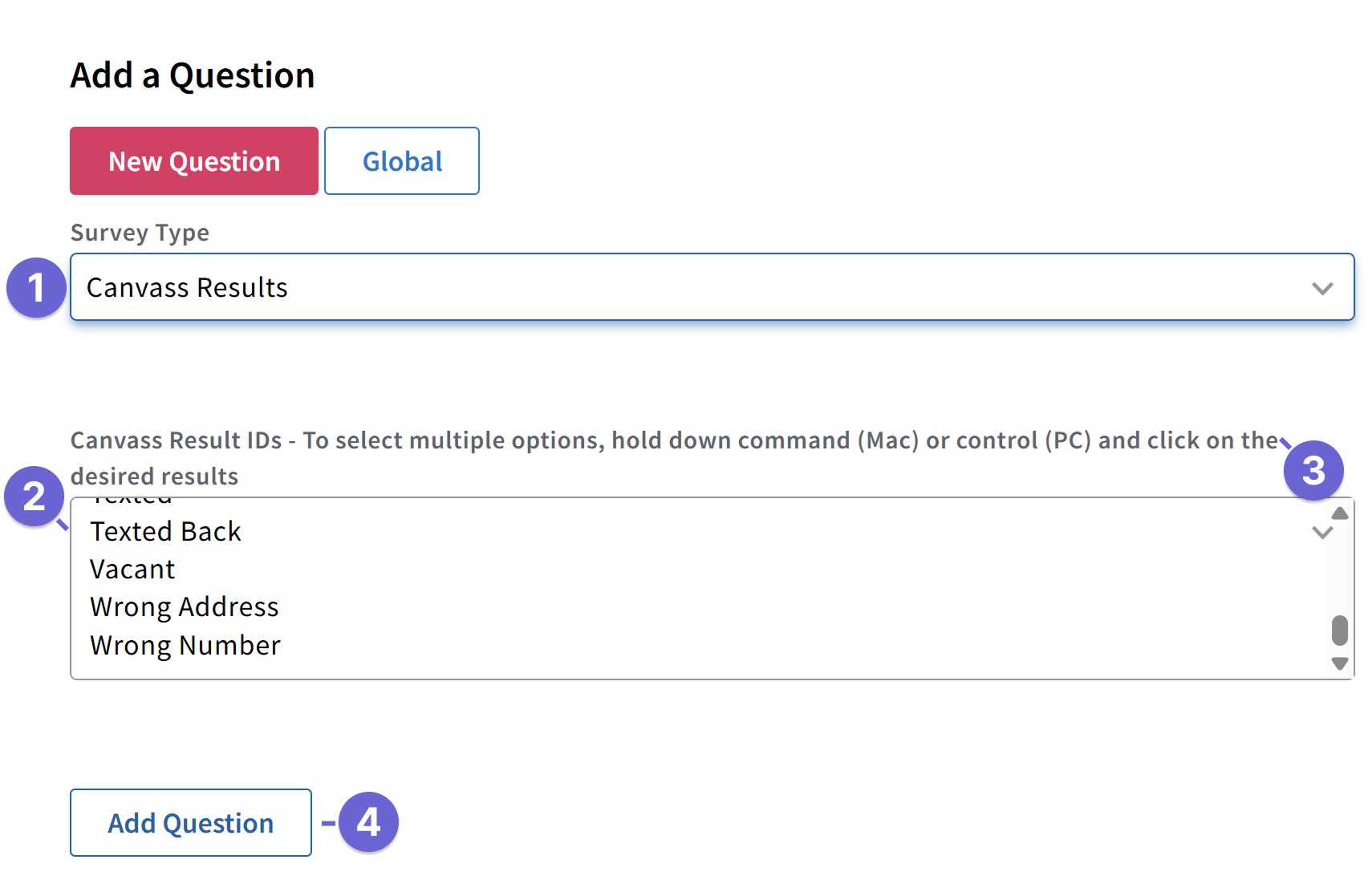 Screenshot of the Canvass Result survey question