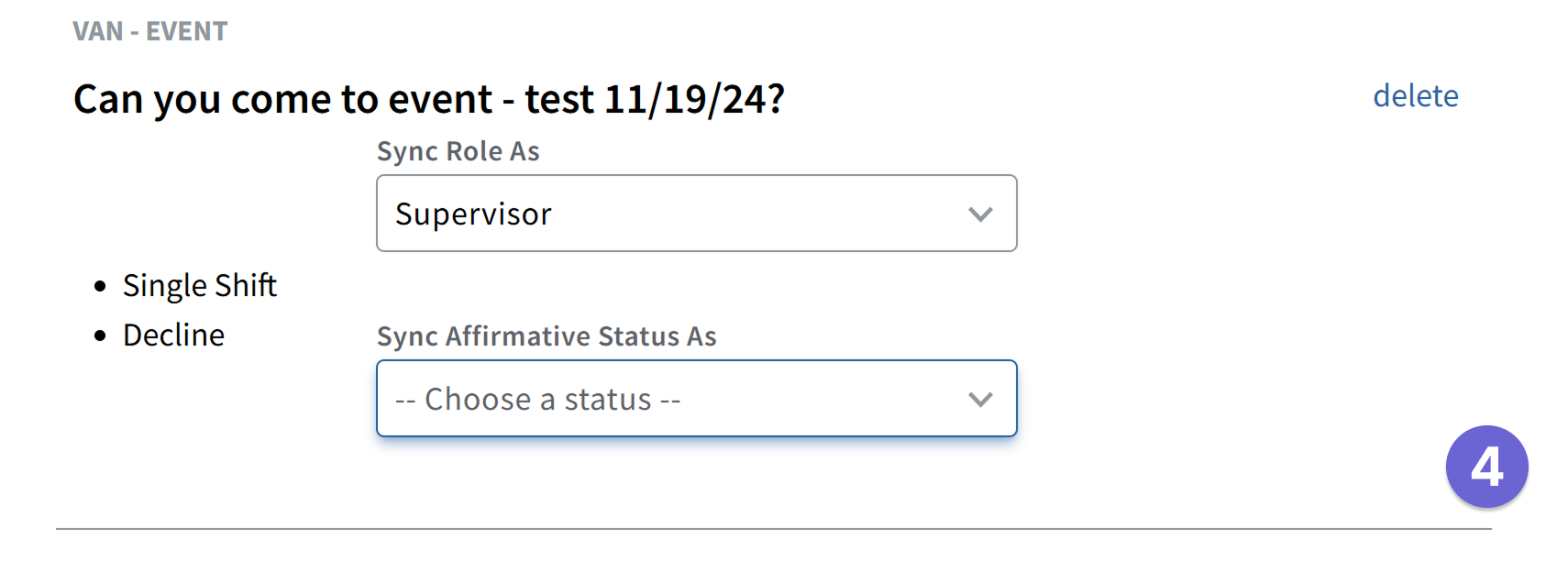 Screenshot of Event selection edit for changing role or status