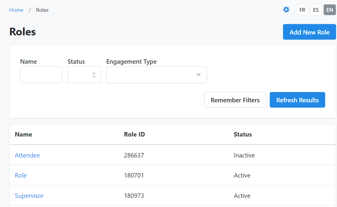 Screenshot of the Events role section within VAN