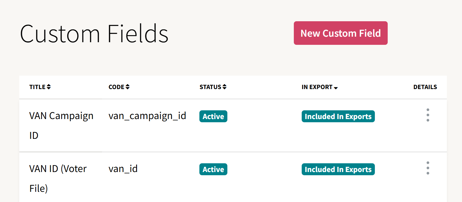 This image shows the custom fields page for an account that just had a VAN integration added. The two custom fields that appear are the VAN ID and VAN Campaign ID