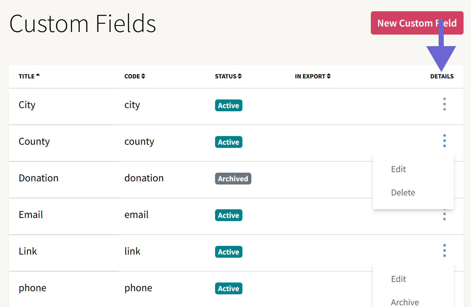 Screenshot of a "Custom Fields" table listing multiple fields with their codes and action buttons. A large purple arrow points from a pink label reading "New Custom Field" toward the top right corner of the table, indicating where to add a new field.