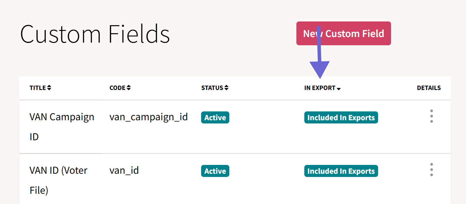 Custom field index displaying black text on white background. These entries in the table have a green tag that reads "Included in Exports" on each line.