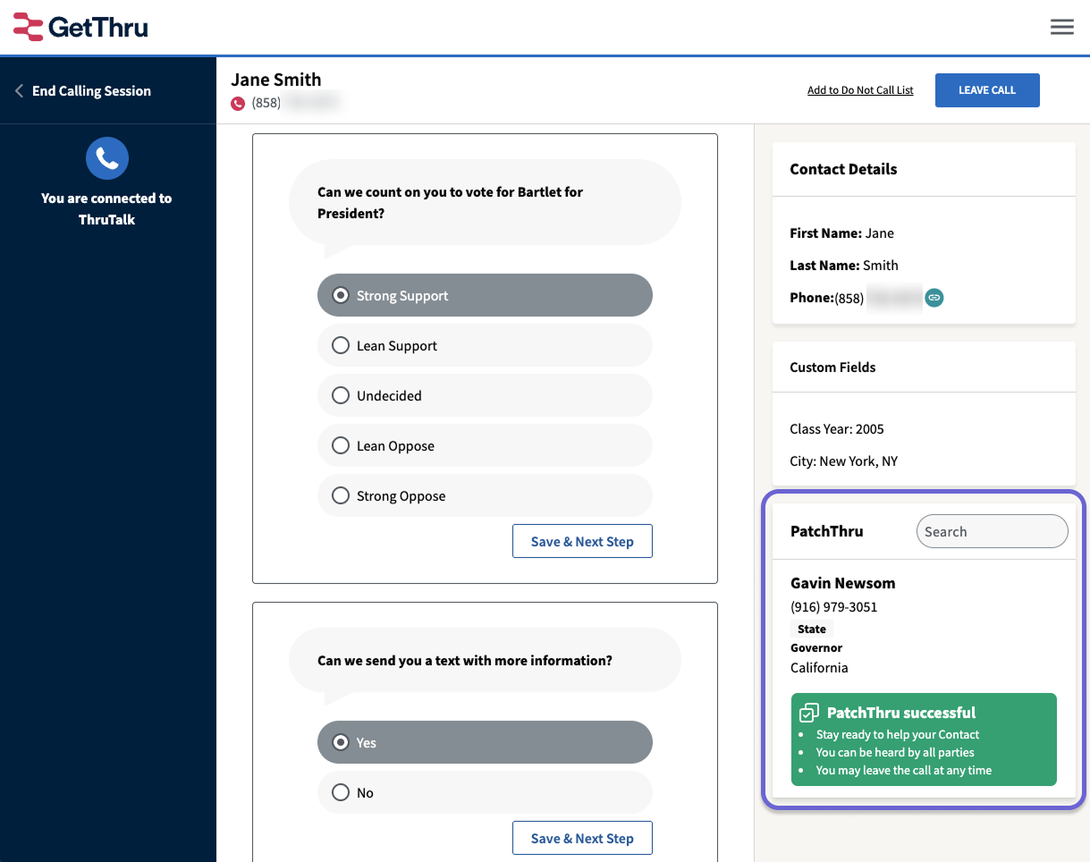 ThruTalk script view showing a contact on the left and PatchThru panel on the right with the PatchThru status box.