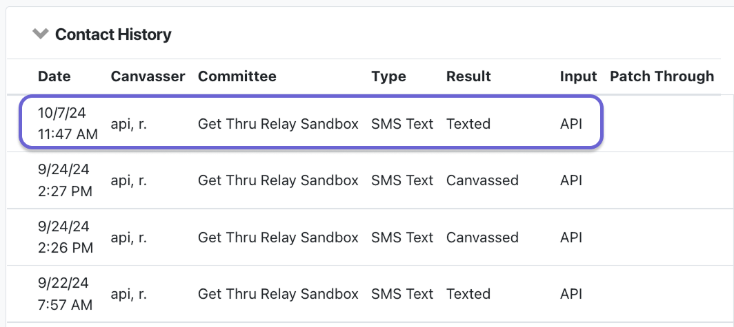 Screenshot of VAN Contact History table showing the "Texted" result.