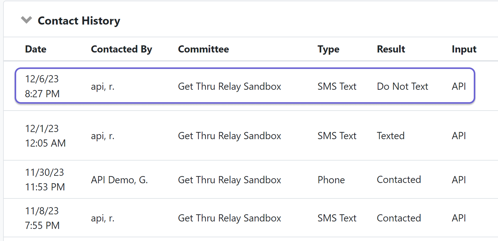 Screenshot of VAN Contact History showing “Do Not Text” result.