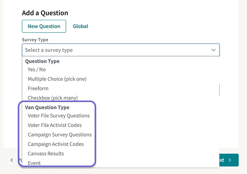Screenshot of the VAN Question Type list for dual VAN group mapping