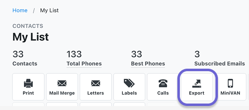 Screenshot of a VAN list with the Export option