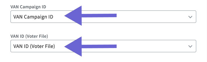 Screenshot of the VAN mapping for MyVoters VAN ID Voter File and MyCampaign VAN Campaign ID