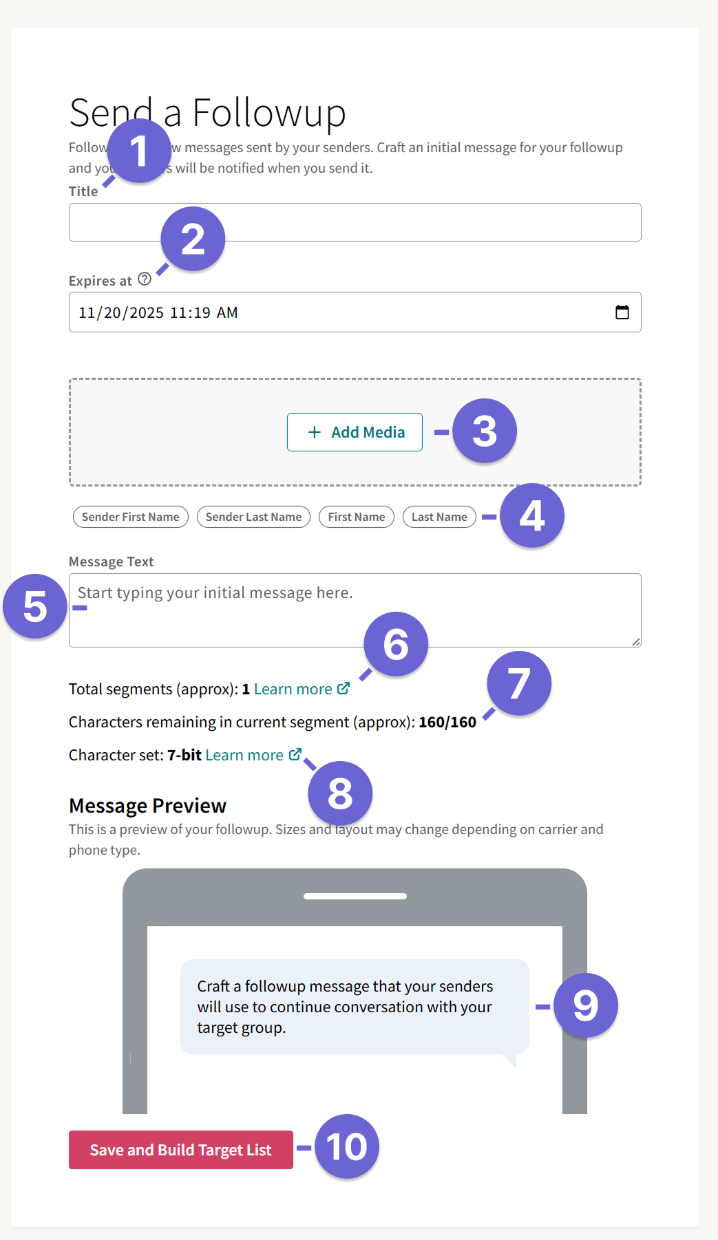 This is the first part of the Followup creation form. This shows the Title and Expires at selections.