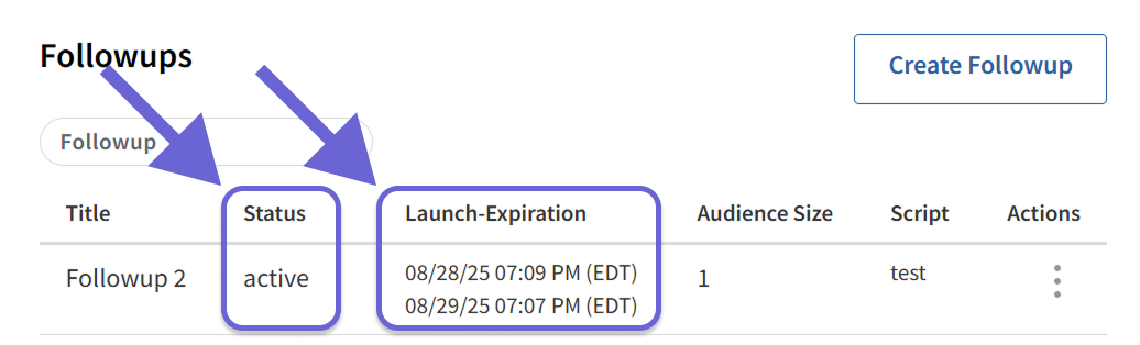 This image shows the Followups section with a focus on the Status and the Launch-Expiration.