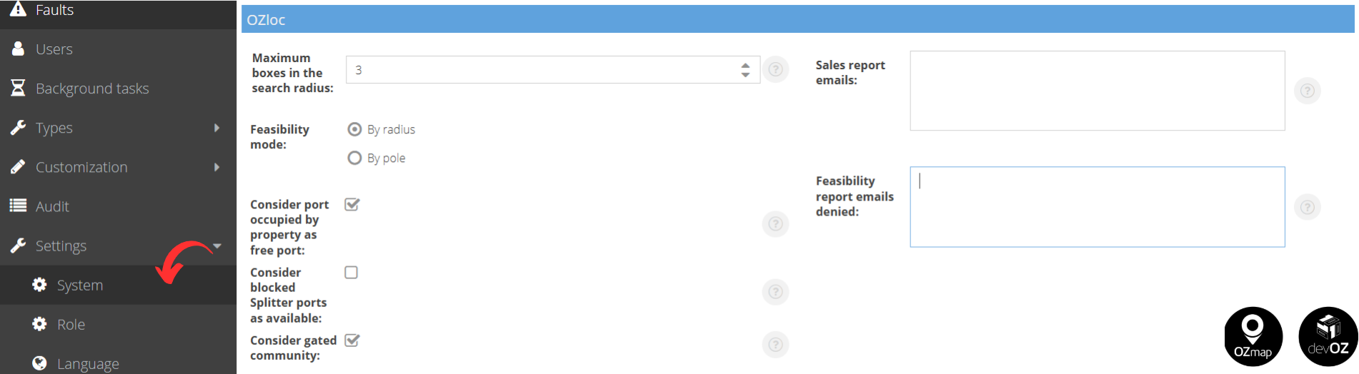 OZloc Settings in OZmap