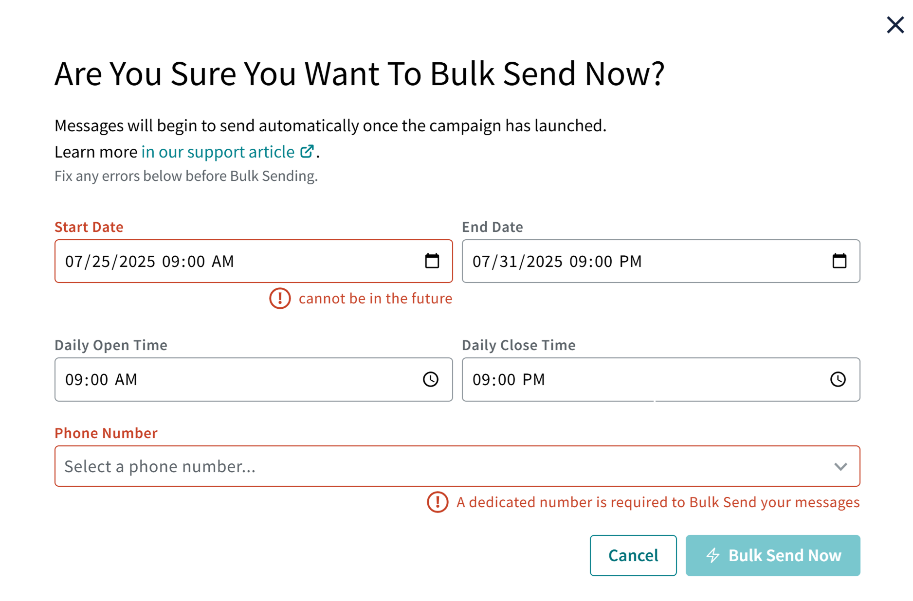 Confirmation modal for Bulk Send displaying required campaign settings such as date, time, and phone number, with error messages indicating missing or incorrect inputs.