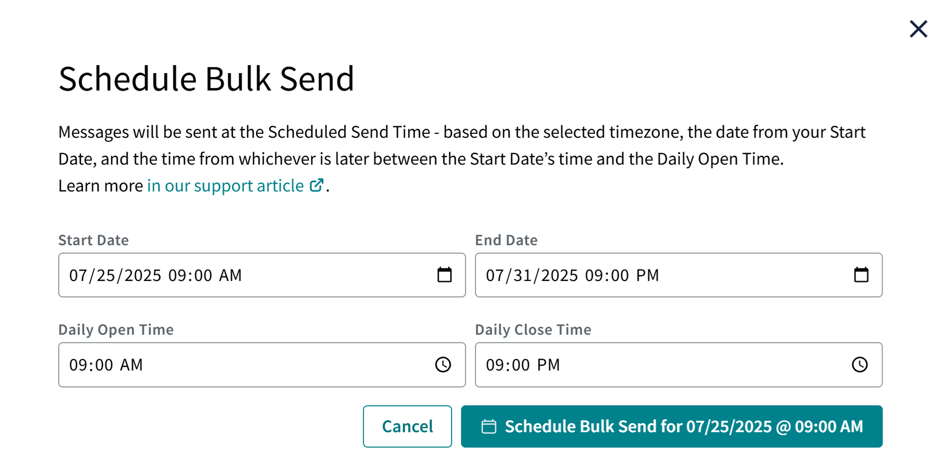 Campaign interface in Bulk Send Scheduled status showing scheduled date and an option to cancel, indicating the campaign is queued for future message sending.